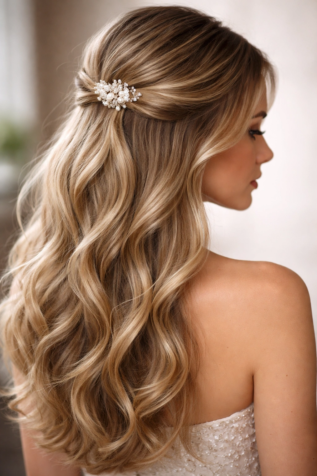 Close-up of a twisted half-up hairstyle with pearl or crystal accent