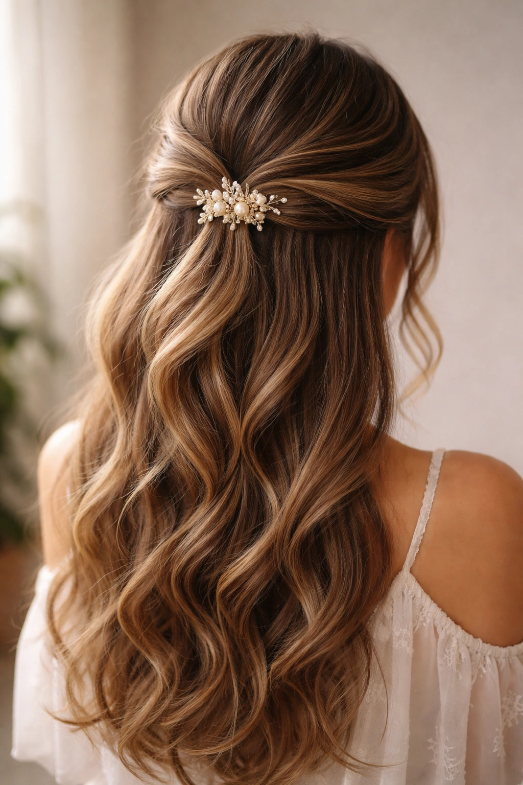 Twisted half up hairstyle with an elegant accessory at the back