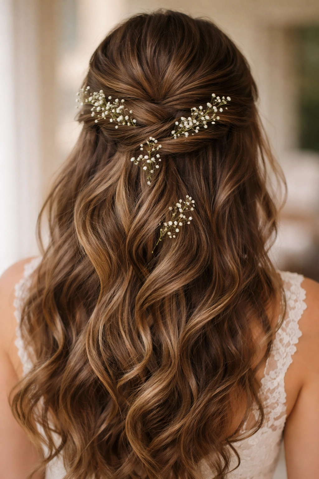 Twisted half-up hairstyle with baby's breath woven through the twists