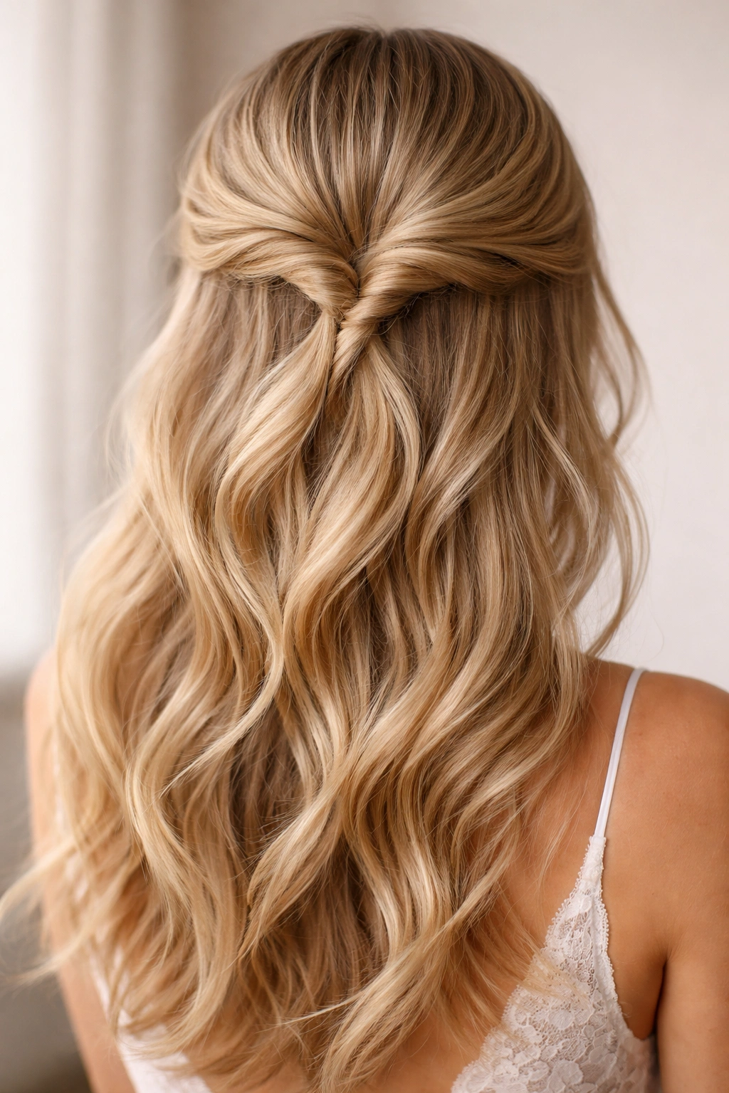 Blonde hair twisted into a soft half-up style