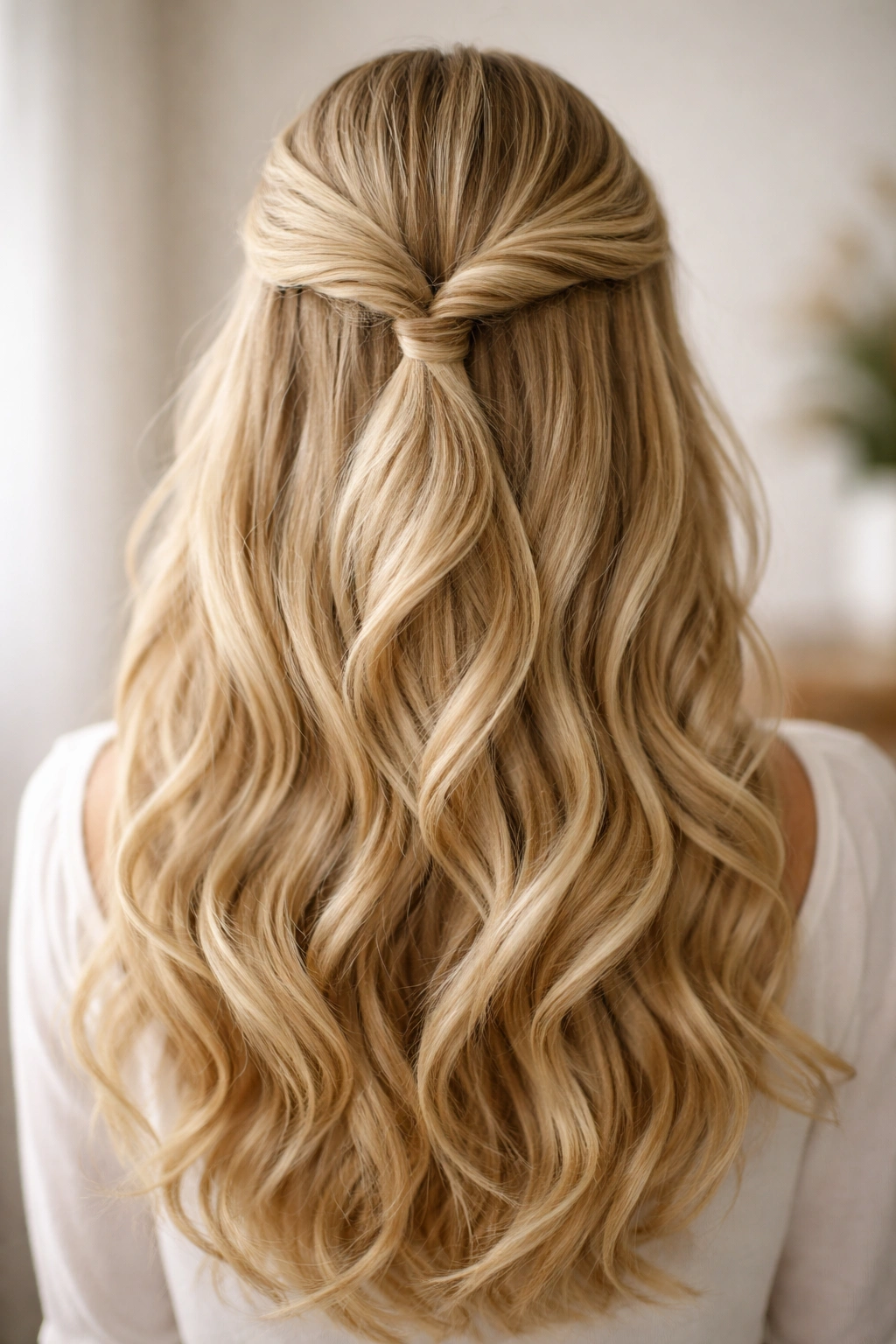 Close-up of a blonde twisted half-up hairstyle with two side twists