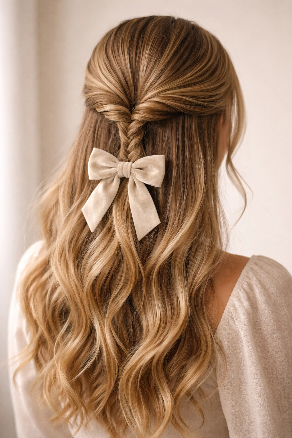 Back view of twisted half-up with a bow showing a rope-like twist