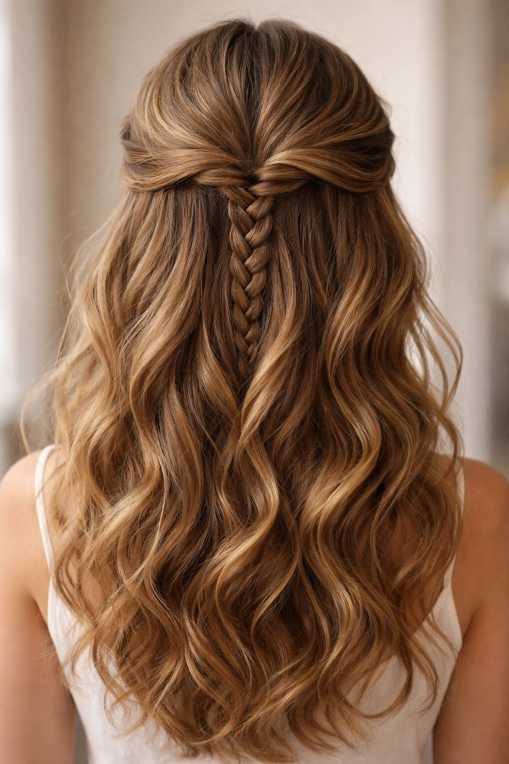 Twisted half-up with hidden braid detail on wavy hair