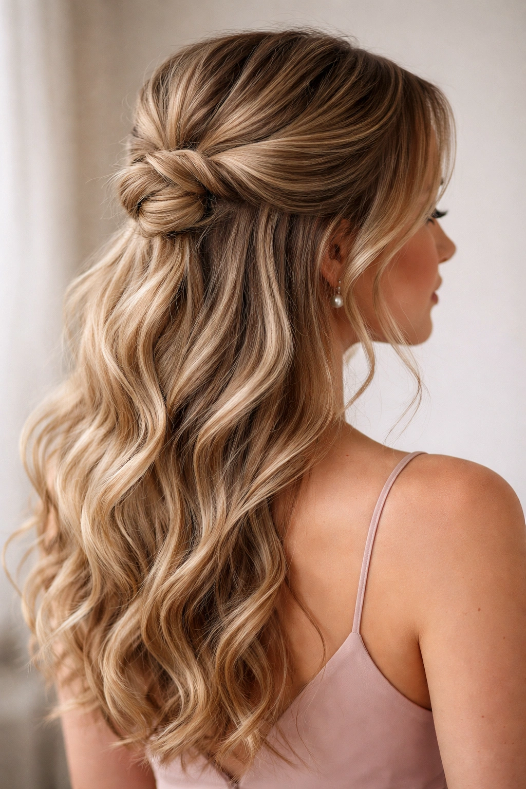 Bride'smaid hairstyle with twisted half-up bun and loose waves.
