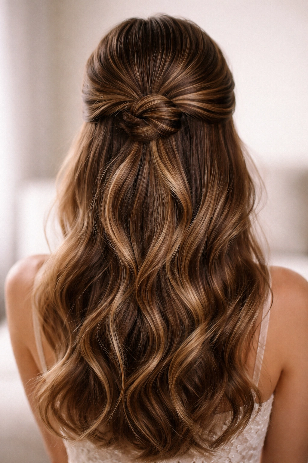Side view of twisted half-up bun with glossy finish