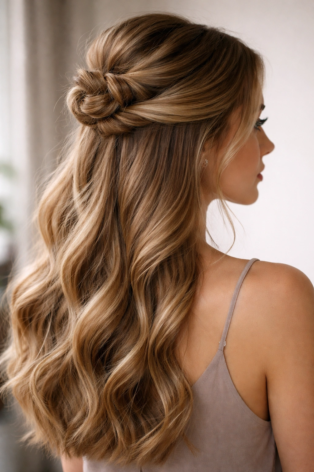 Twisted half-up bun with intertwined crown twists