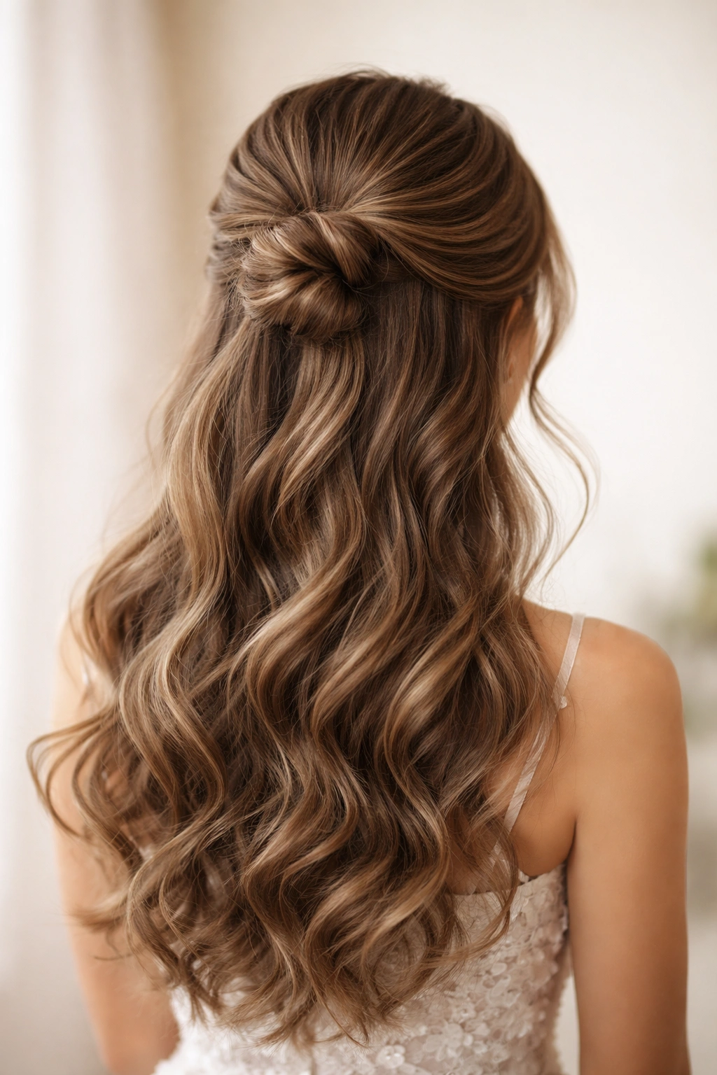 Close-up of The Classic Twisted Half-Up Bun with temple twists and a soft crown bun.