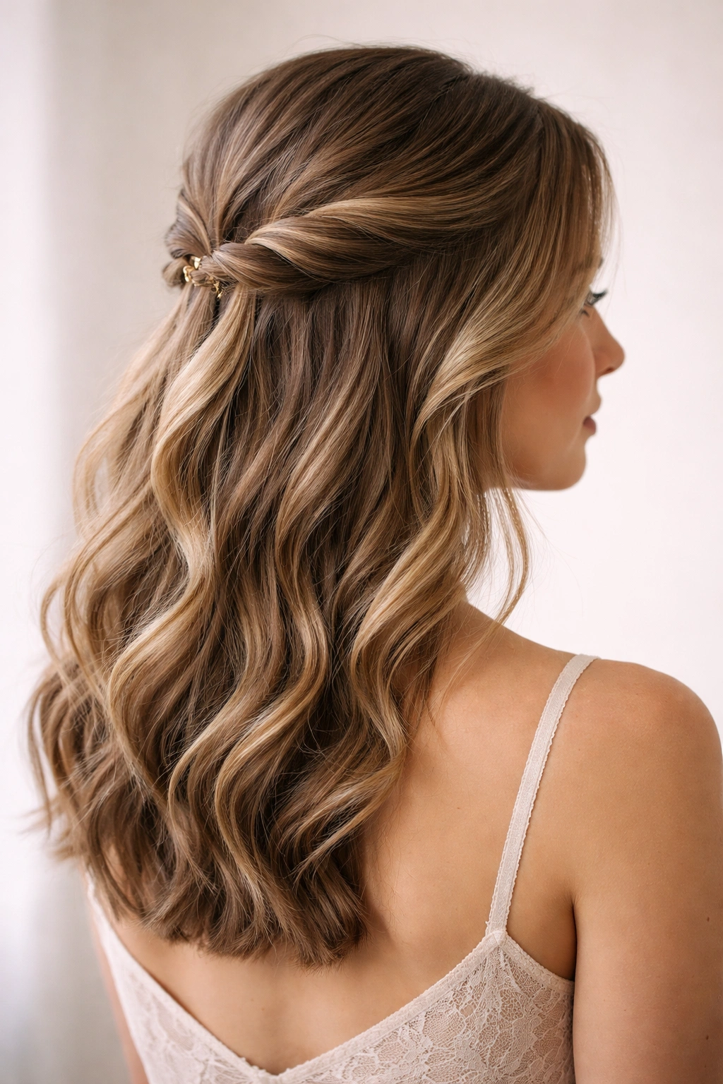 Close-up of a classic twisted half-up hairstyle with loose waves and a small metal clip