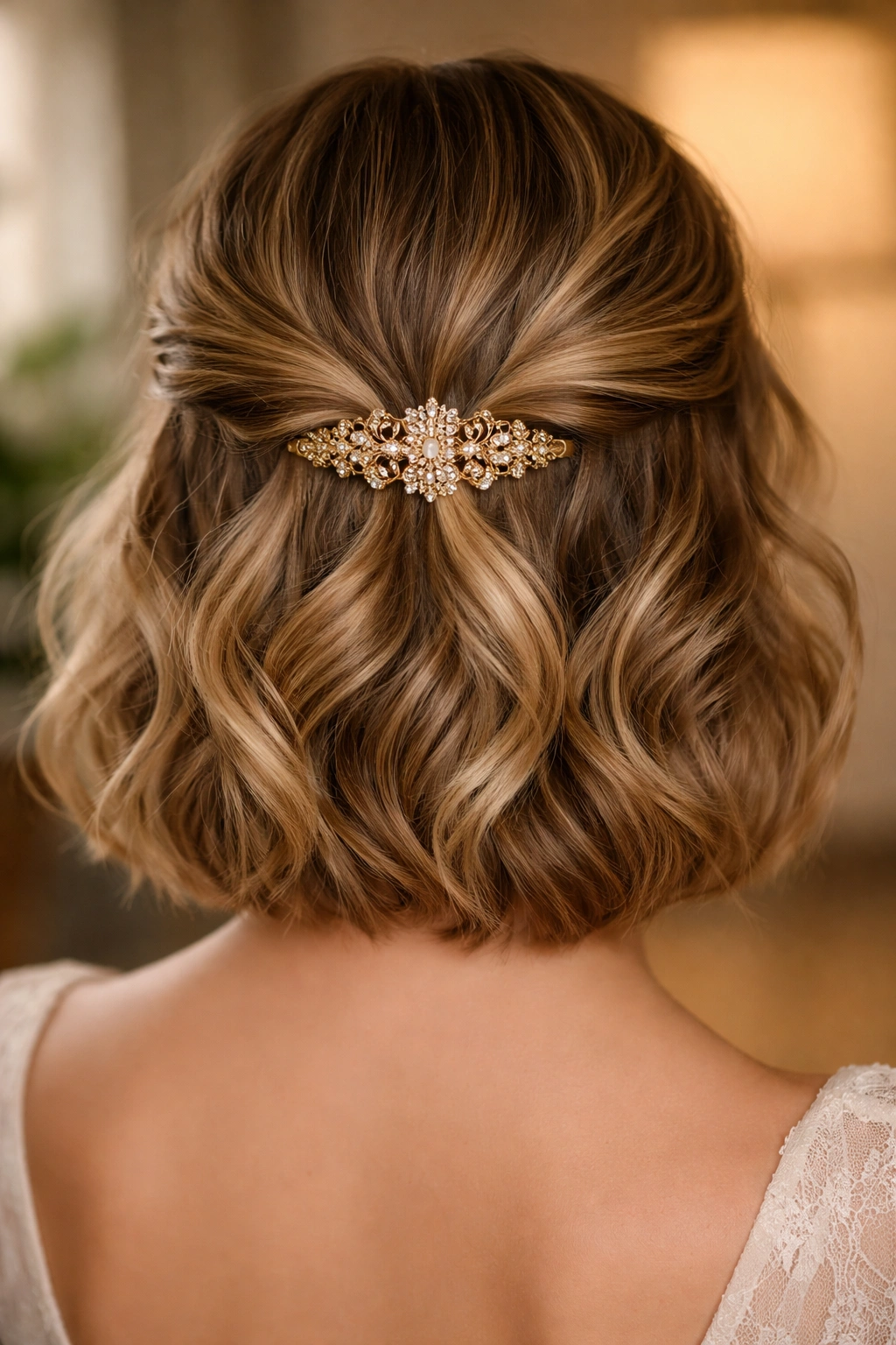 Close-up of a hairstyle featuring two loose twists tucked at the back crown with a visible ornate clip.