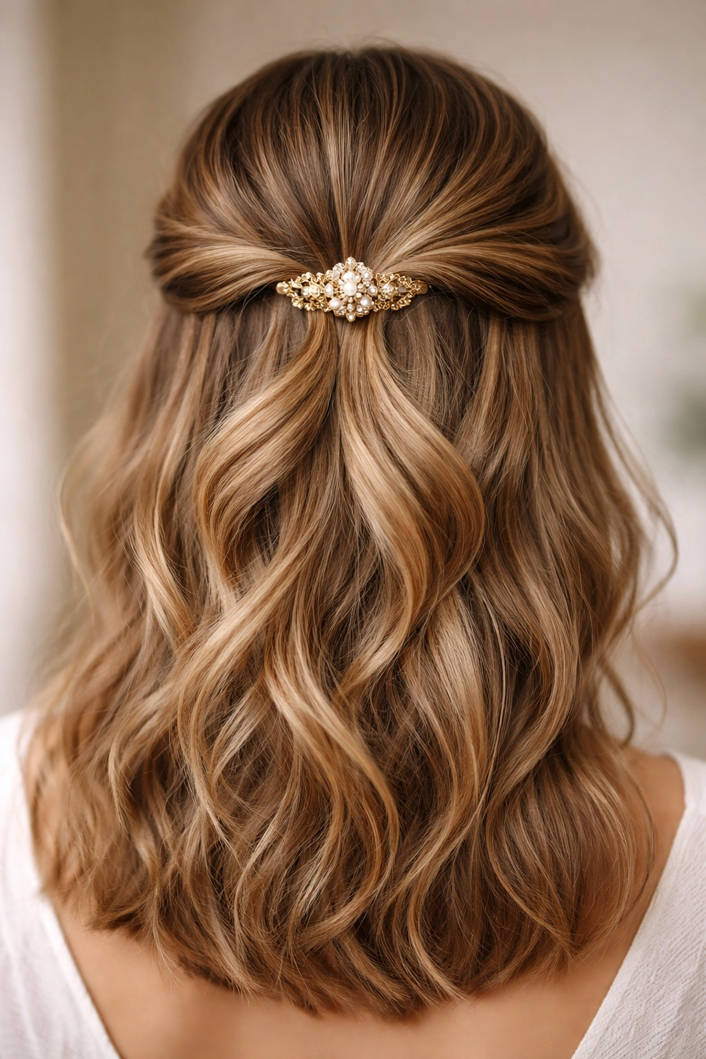Twisted half up hairstyle with crown clip and loose waves