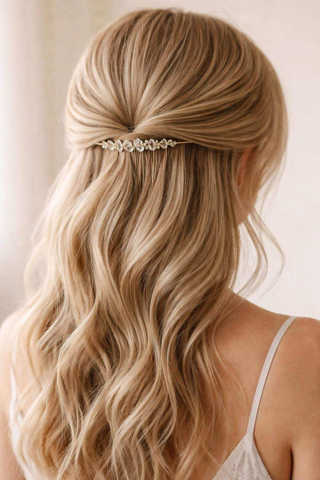Close-up of twisted half-up hairstyle with a thin metal comb
