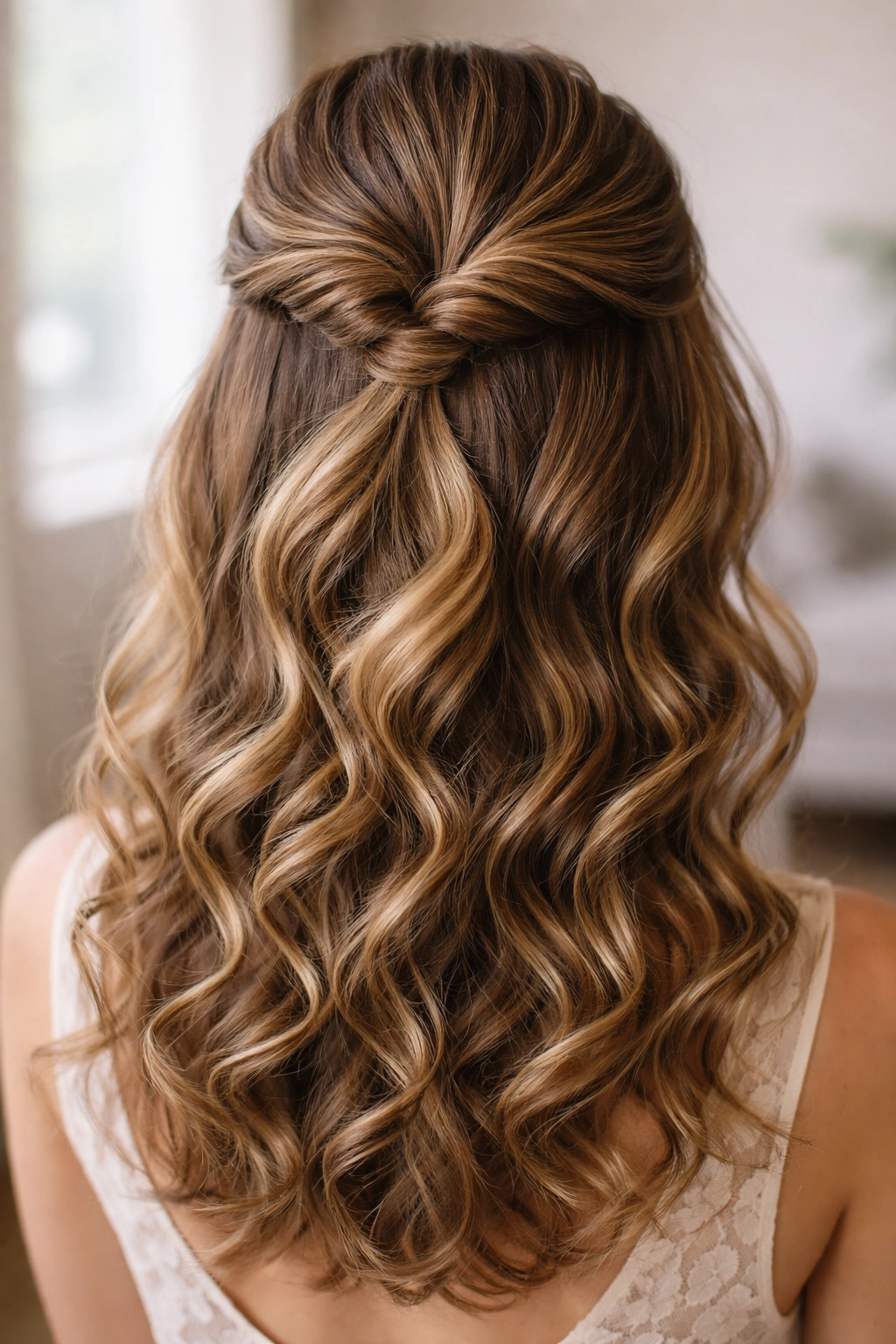 Twisted half-up hairstyle with defined curls cascading below the twist.