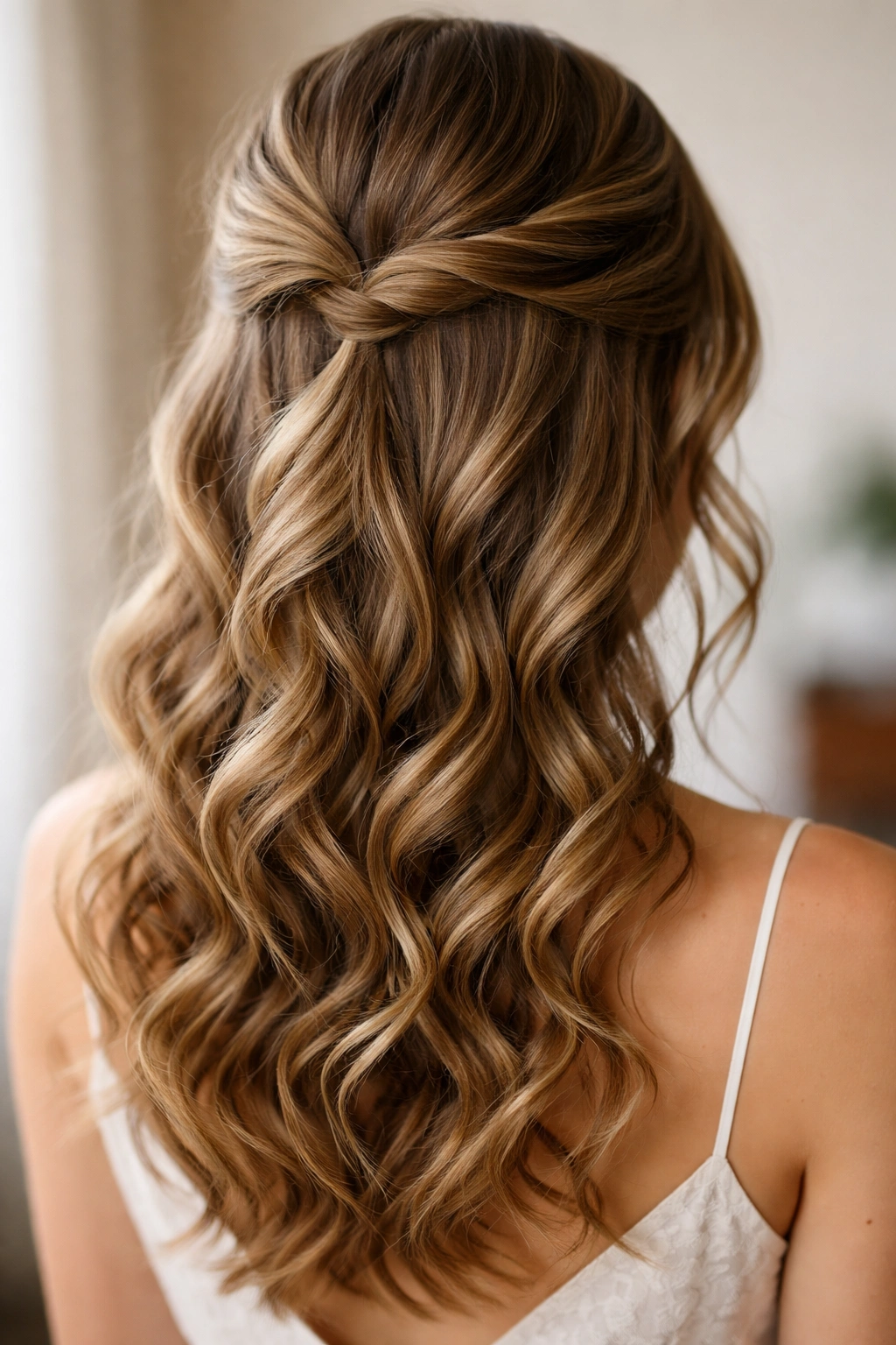 Twisted crown with loose curls half-up hairstyle