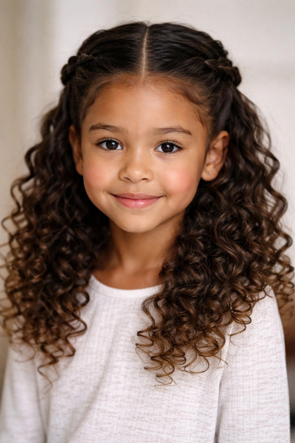 Close-up of a child’s curly hair styled in a classic twisted half-up with a center part.