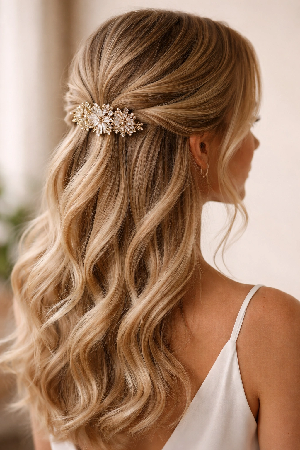 Close-up of twisted half-up hairstyle with decorative clip