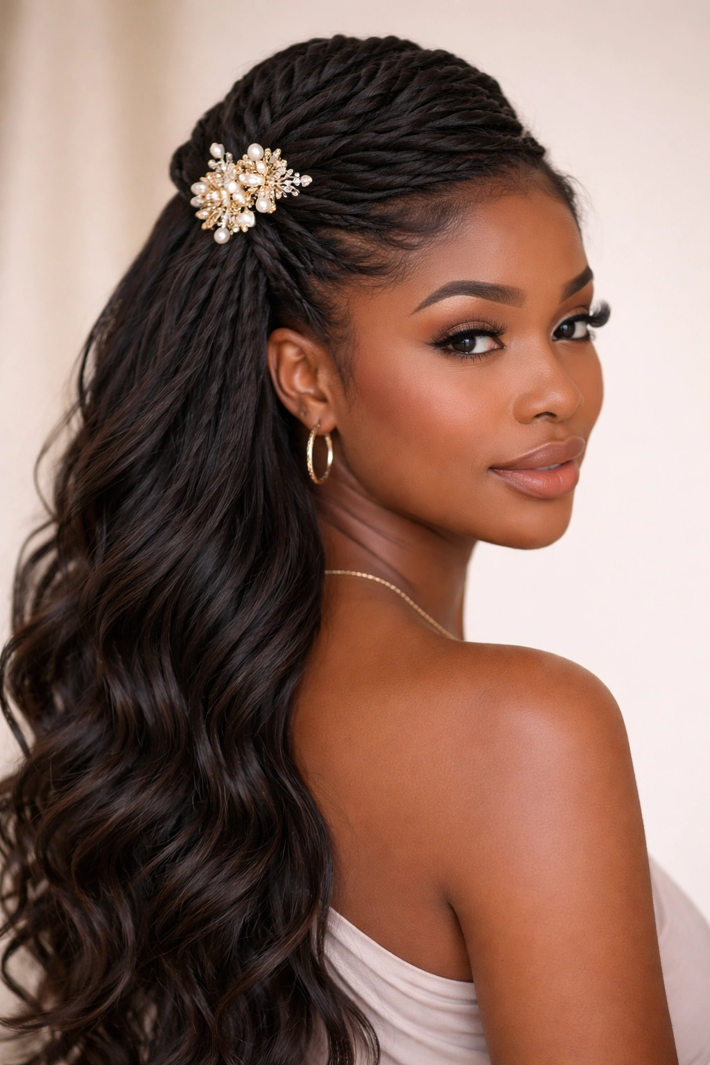 Twisted half-up hairstyle with decorative pin at crown