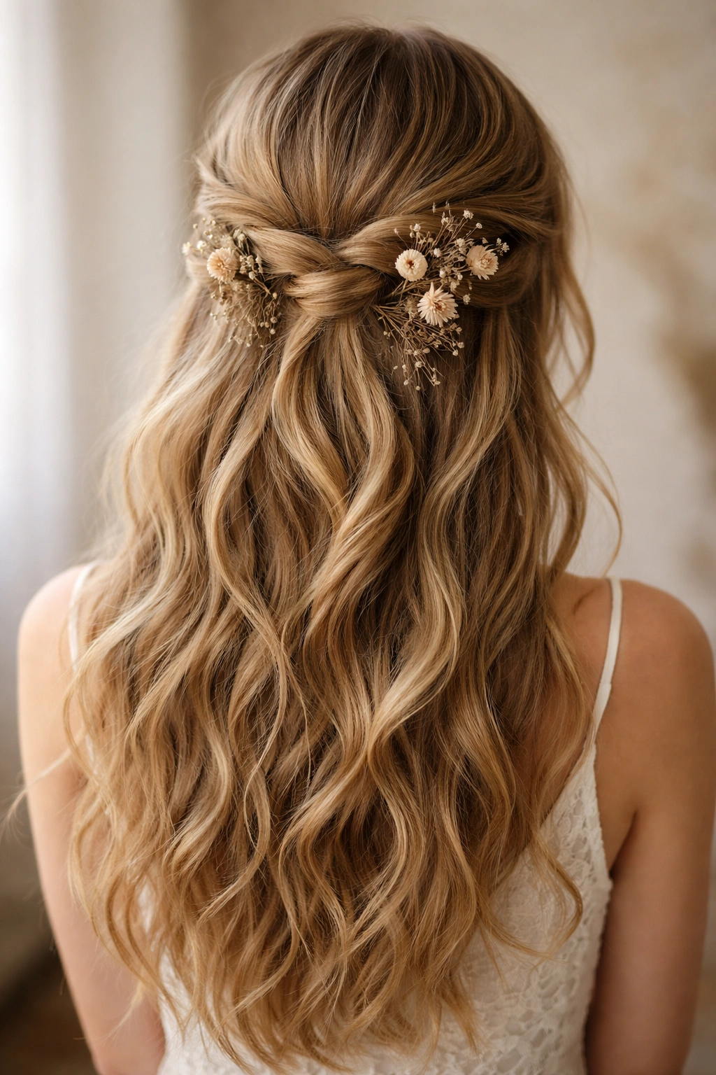 Twisted half-up hairstyle with scattered dried flowers in a neutral studio