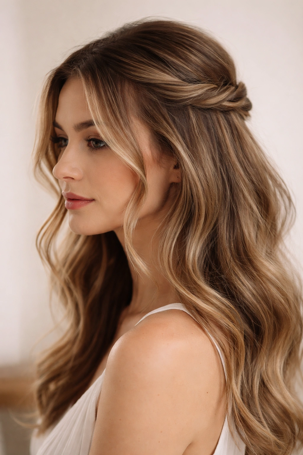 Twisted half up with face-framing pieces and loose strands