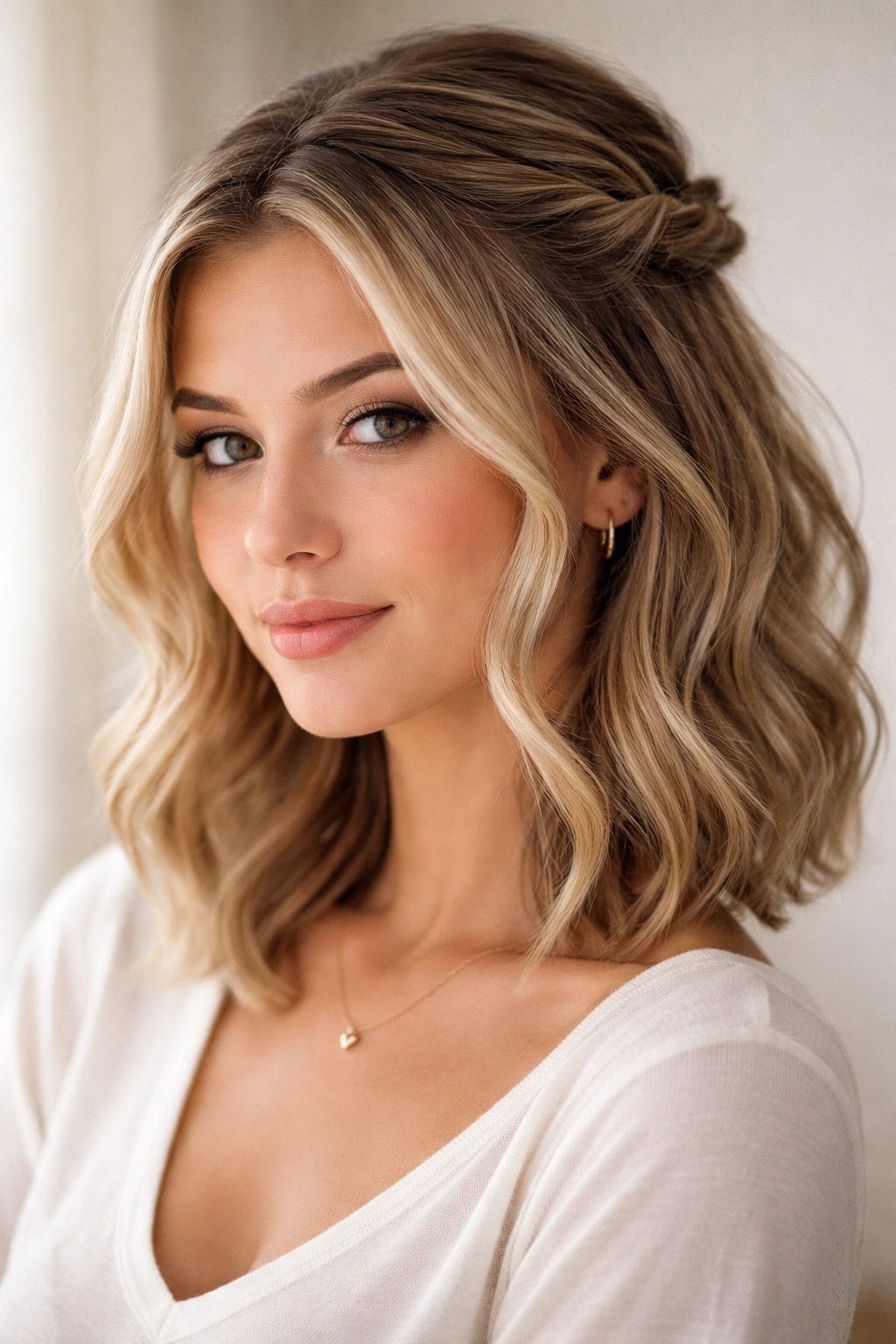 Twisted half up with face-framing pieces on short hair
