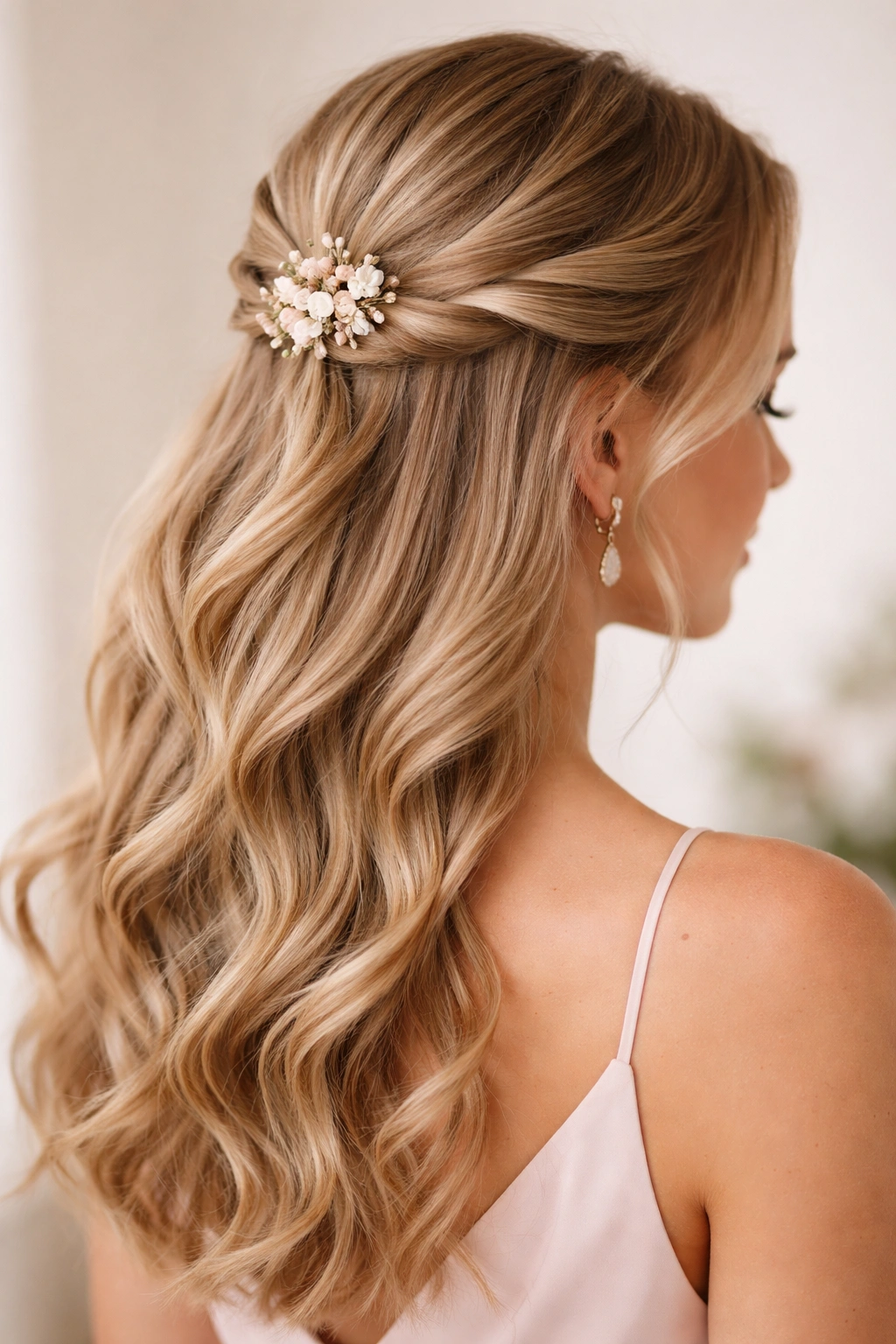 The Twisted Half-Up with Flower Pin featuring two twists and a small flower pin at the crown