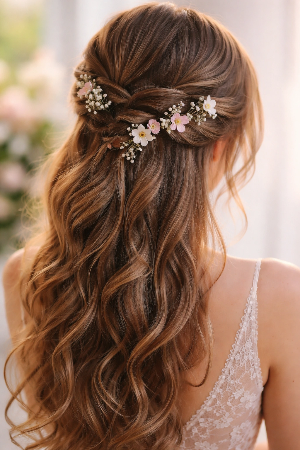 Romantic twisted half-up hairstyle with delicate hair flowers woven into the twists.
