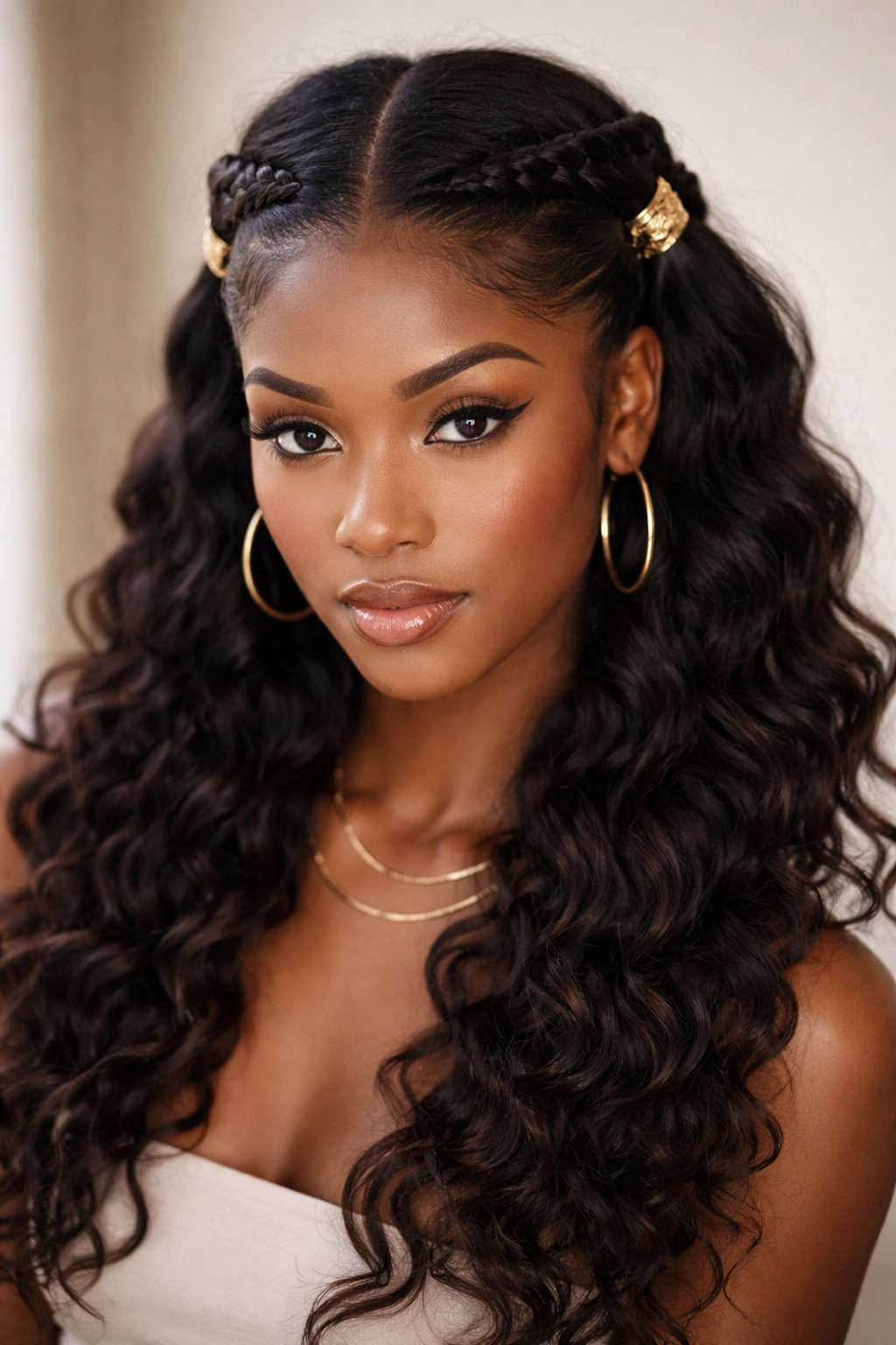 Twisted half up hairstyle with gold cuffs on textured hair.
