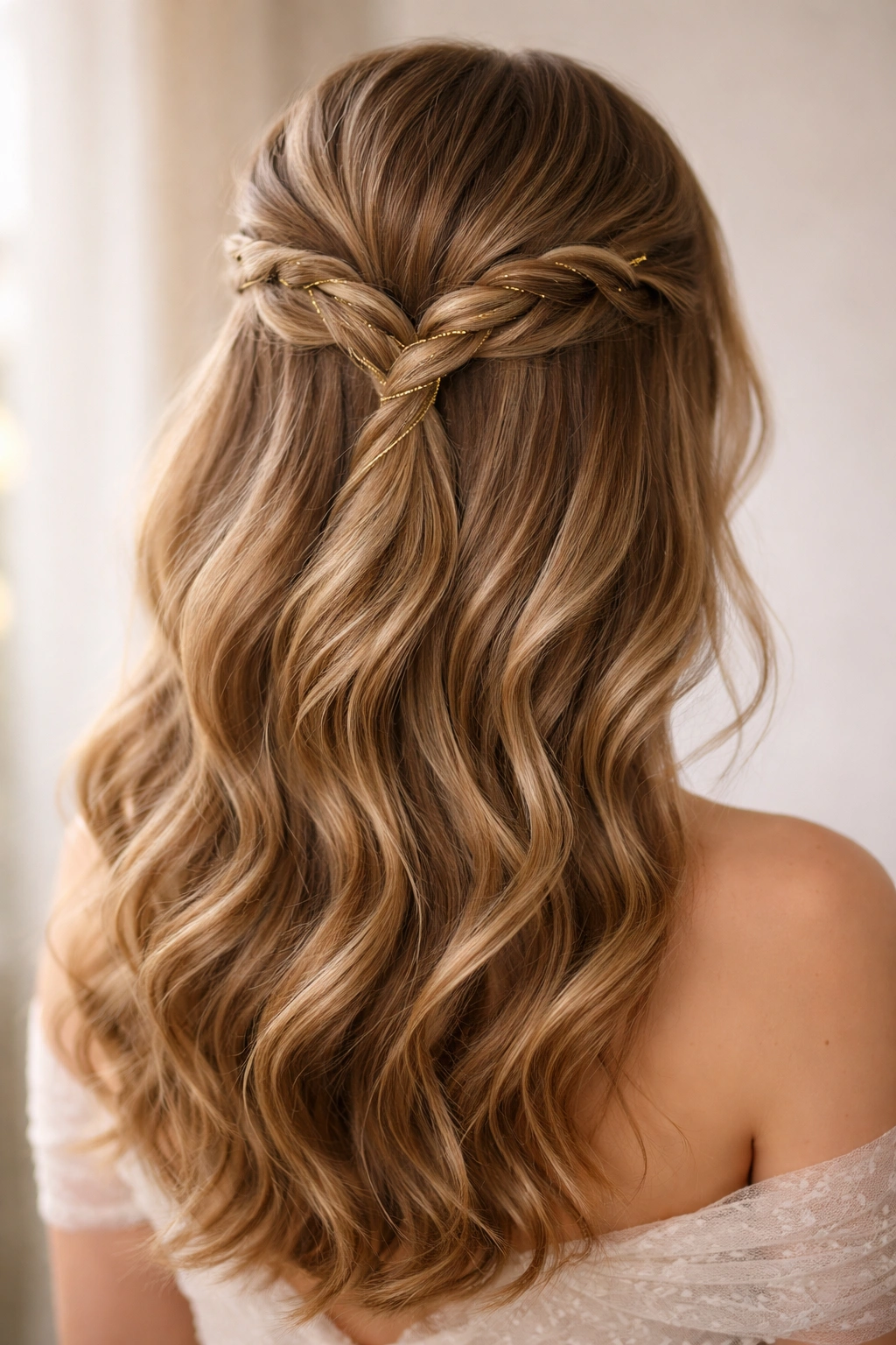 Two thick twists joined at the crown with gold thread woven through