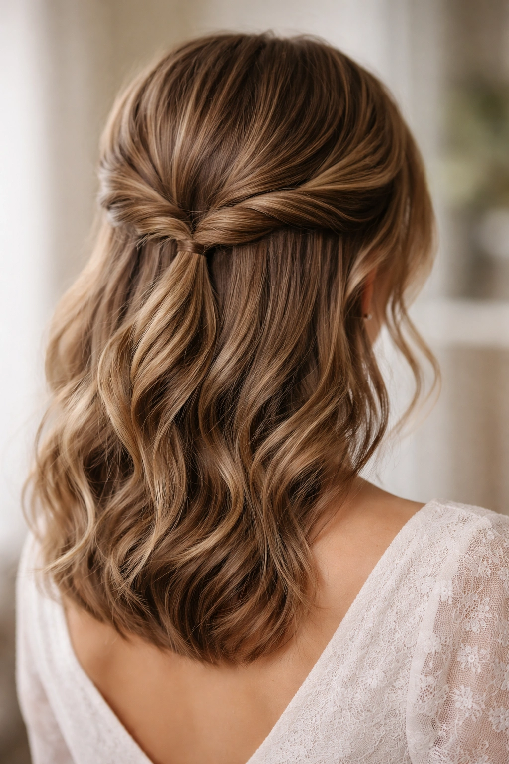 Close-up of classic twisted half up hairstyle with two loose twists and a small back pin on medium hair