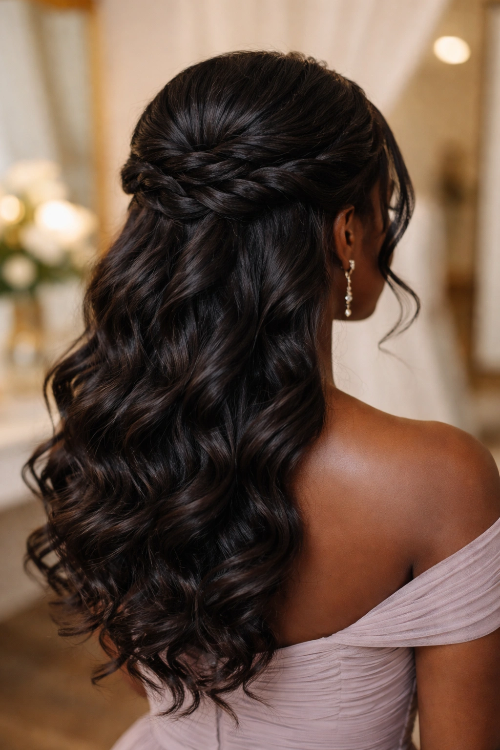 Close-up of twisted sections half-up hairstyle showing texture and movement