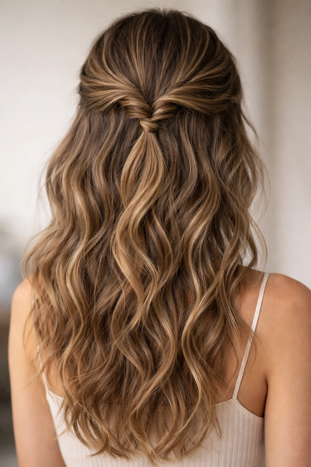 Close-up of a wavy hairstyle with two loose twists at the crown.