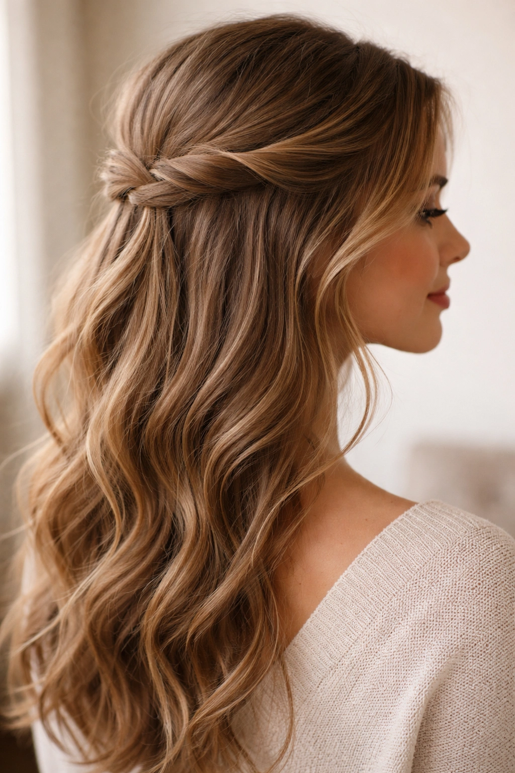 Close-up of a simple twisted half-up hairstyle secured at the back
