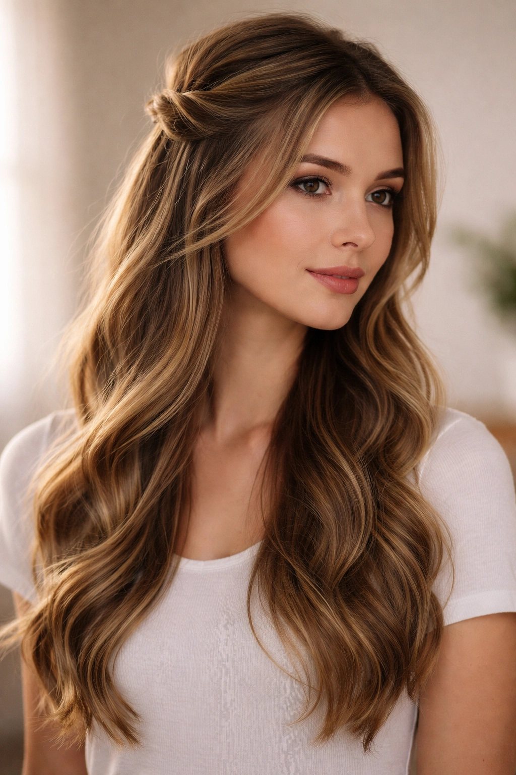 Long-haired model with two loose twists framing the face and top pulled back