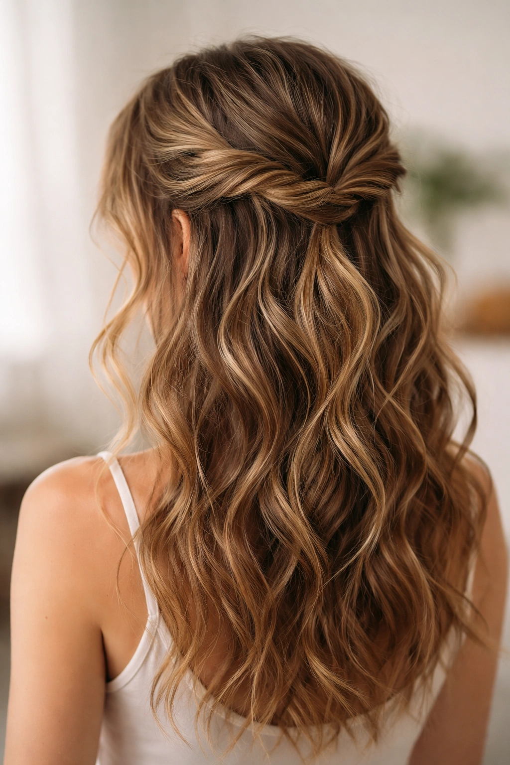 Close-up of textured twisted half-up hairstyle with crown twist and face-framing pieces.