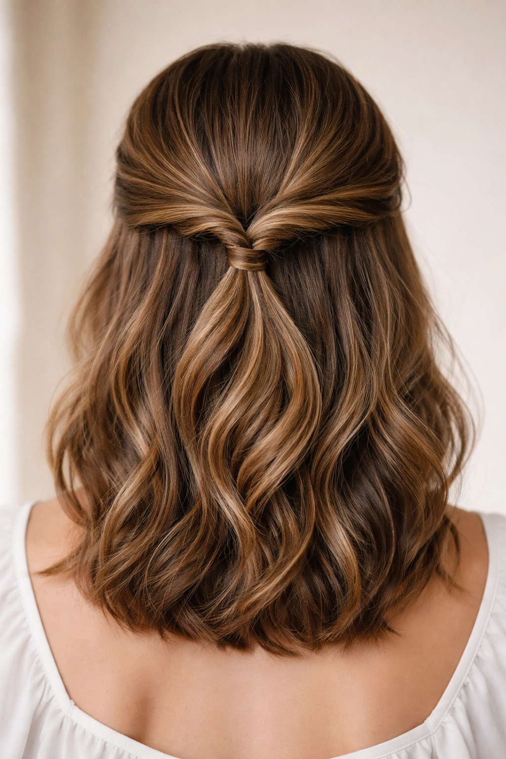 Back view of twisted half-up hairstyle with two twisted sections meeting at the back.