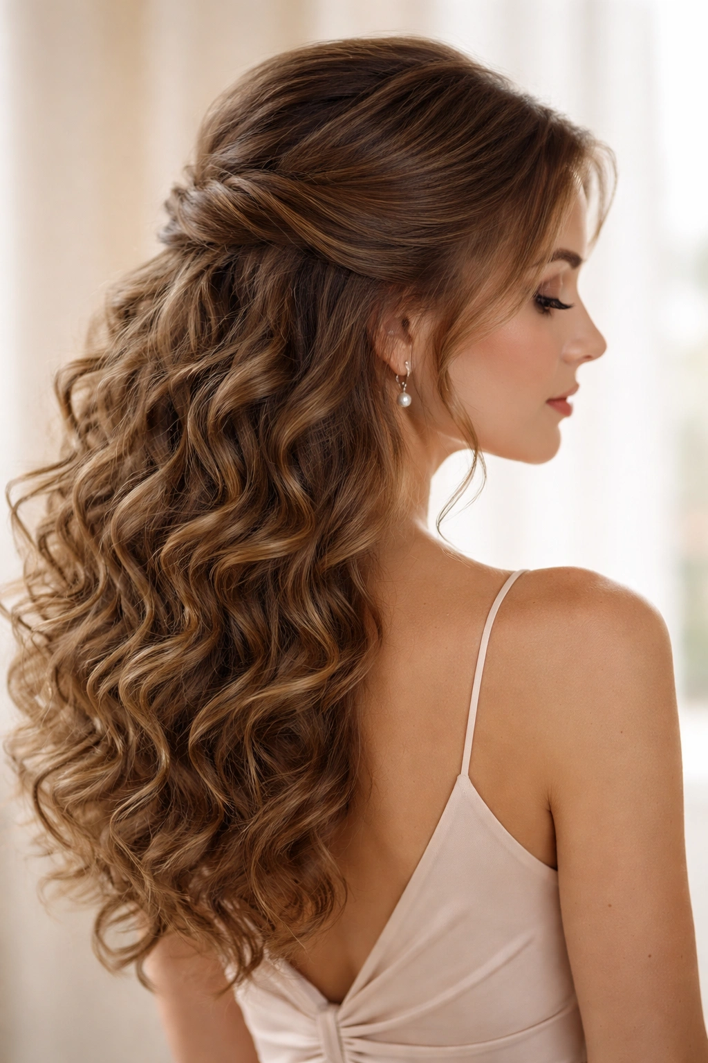 Curl-textured twisted half-up with hidden pins blending into the curls