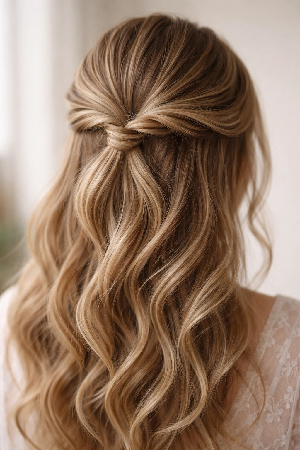 Close-up of twists forming a knot at the crown in a half-up hairstyle