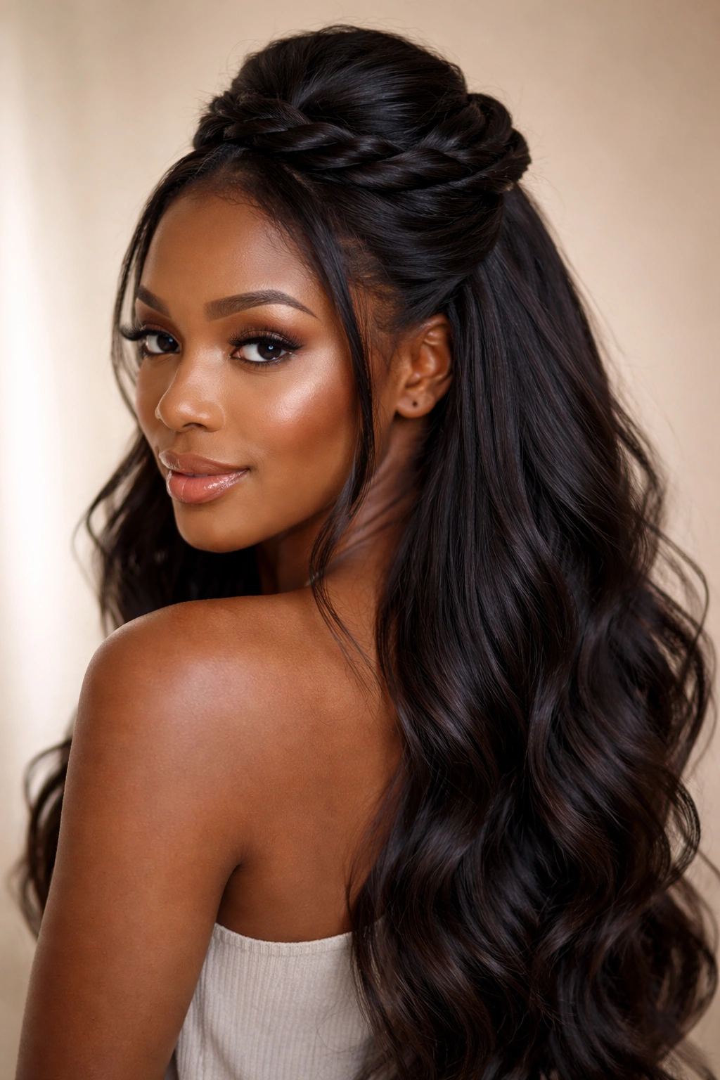 Twisted Half Up Knot hairstyle on Black woman with crown knot and flowing lower hair