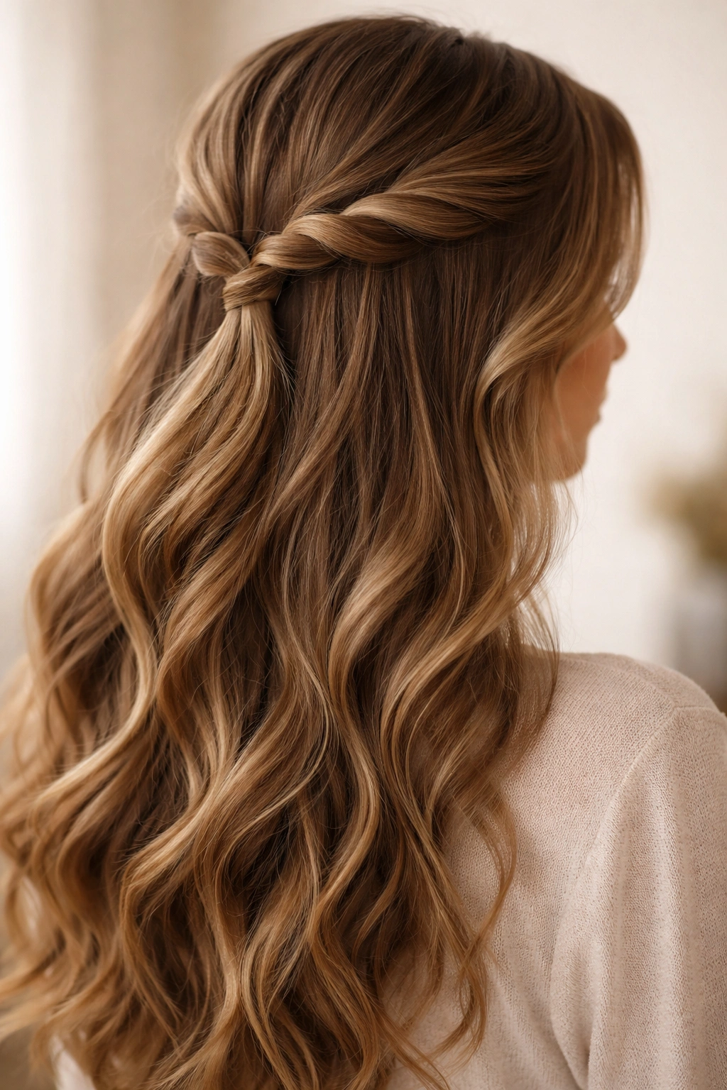 Close-up of dark brown twisted half up hairstyle with two rope twists and loose waves