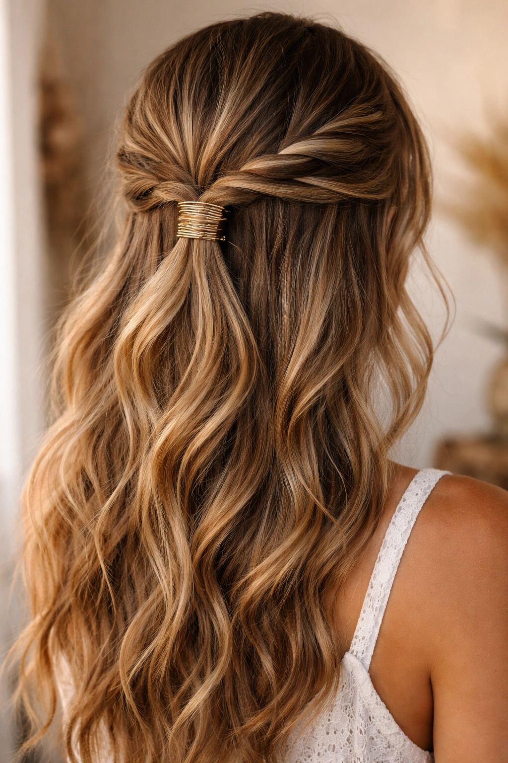 Twisted half-up hairstyle with metallic hair wrap