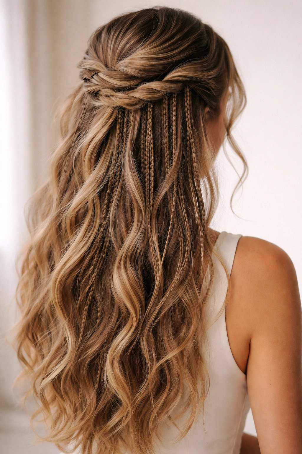 Close-up of twisted half-up hairstyle with micro braids throughout.