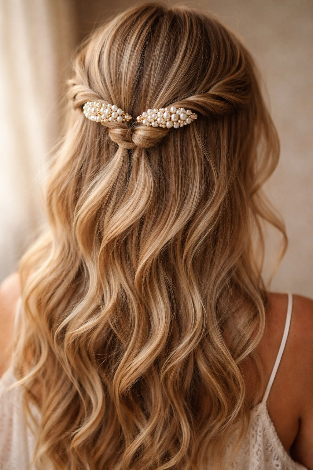 Close-up of a boho twisted half-up hairstyle secured with pearl clips