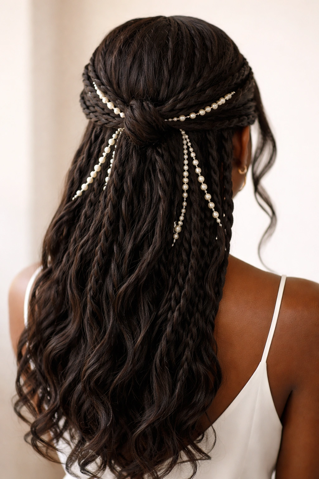 Two-strand twists with pearls in a half-up style