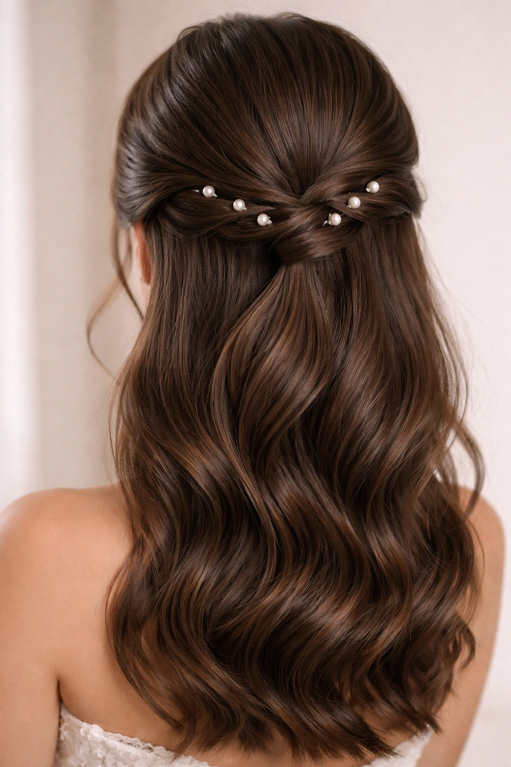 Close-up of twisted half-up hairstyle with pearl pins