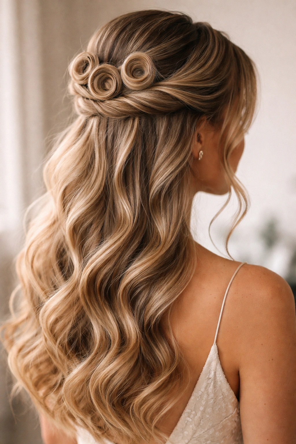 Pin curl half-up with twisted sections creating modern detail.