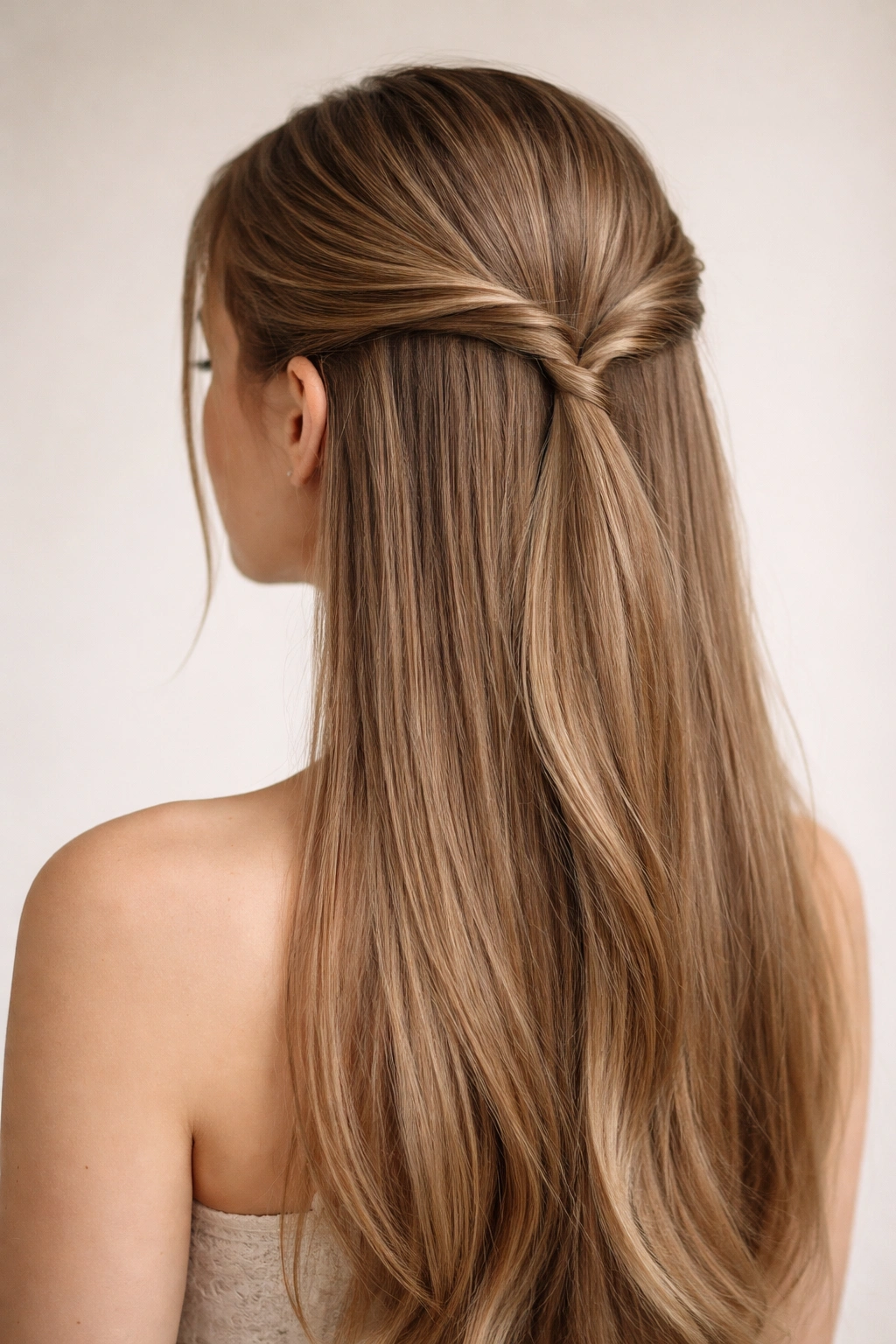 Close-up of twisted and pinned half-up hairstyle on long straight hair