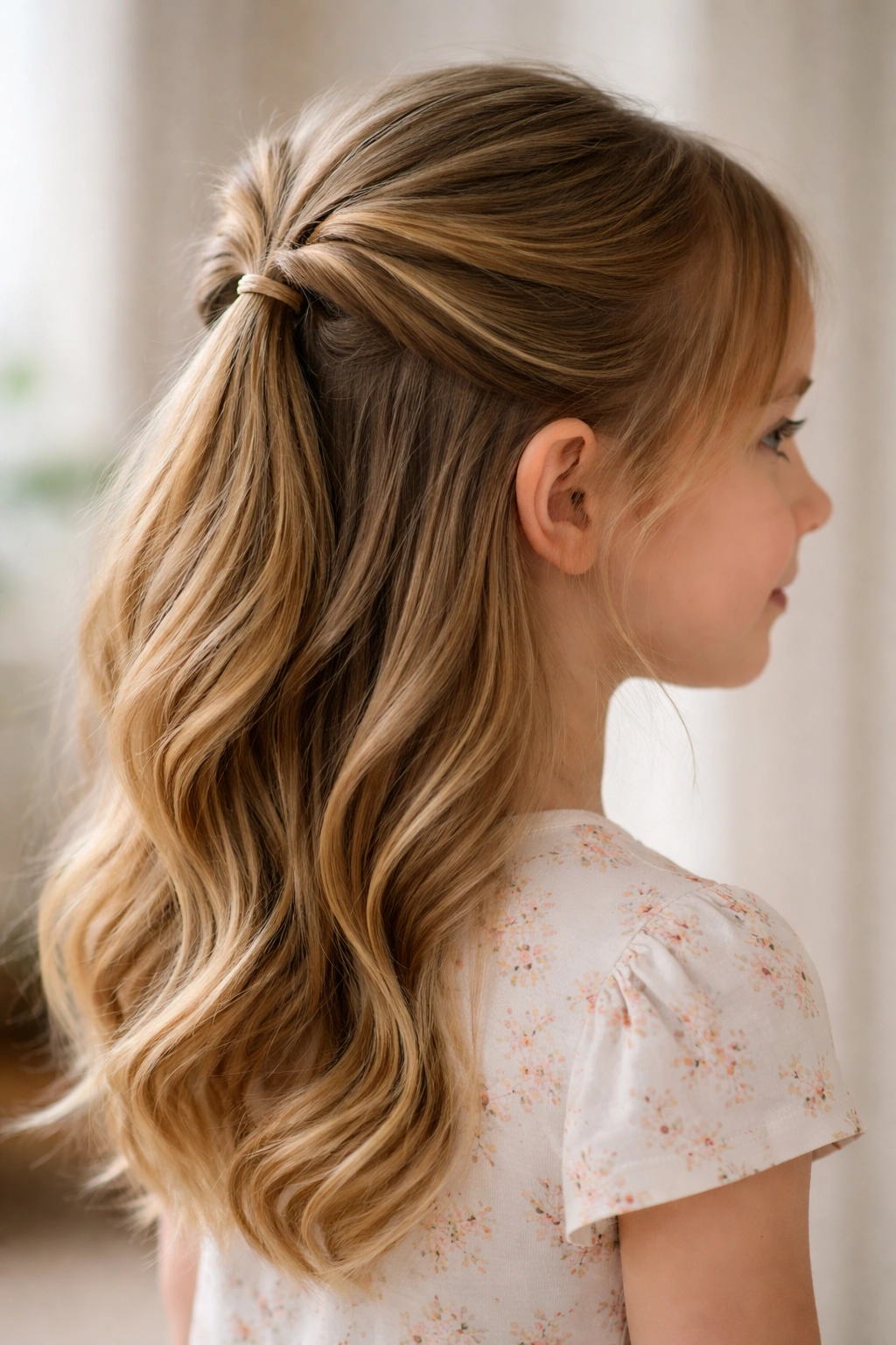 Child with twisted half-up ponytail featuring two twists meeting at the crown