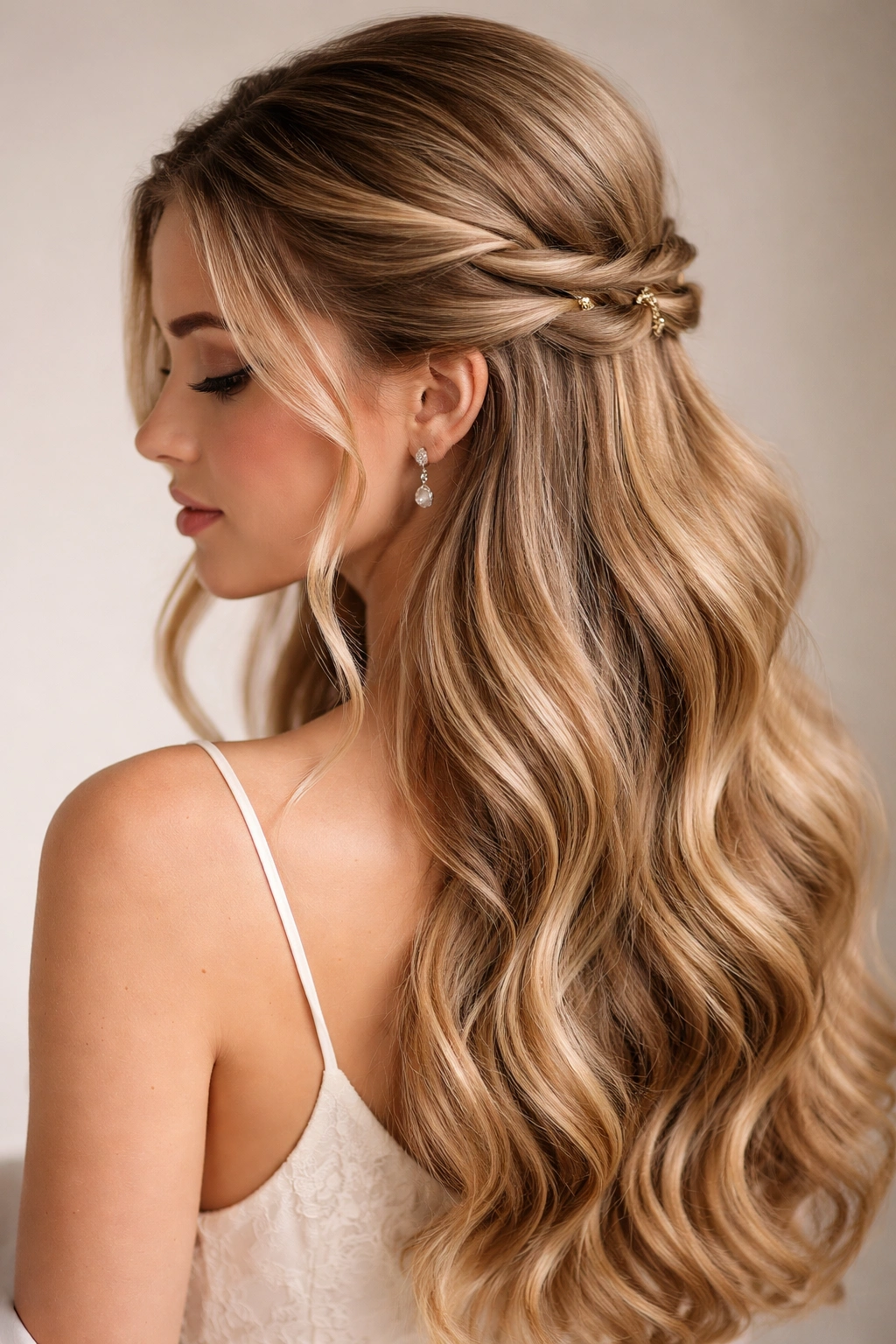 Close-up of twisted half up hairstyle with twists crossing at the back and a subtle clip