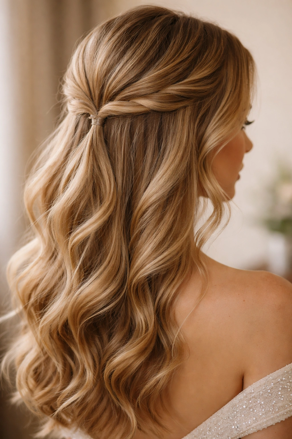 Close-up of a classic twisted half-up hairstyle with twin crown twists and loose waves