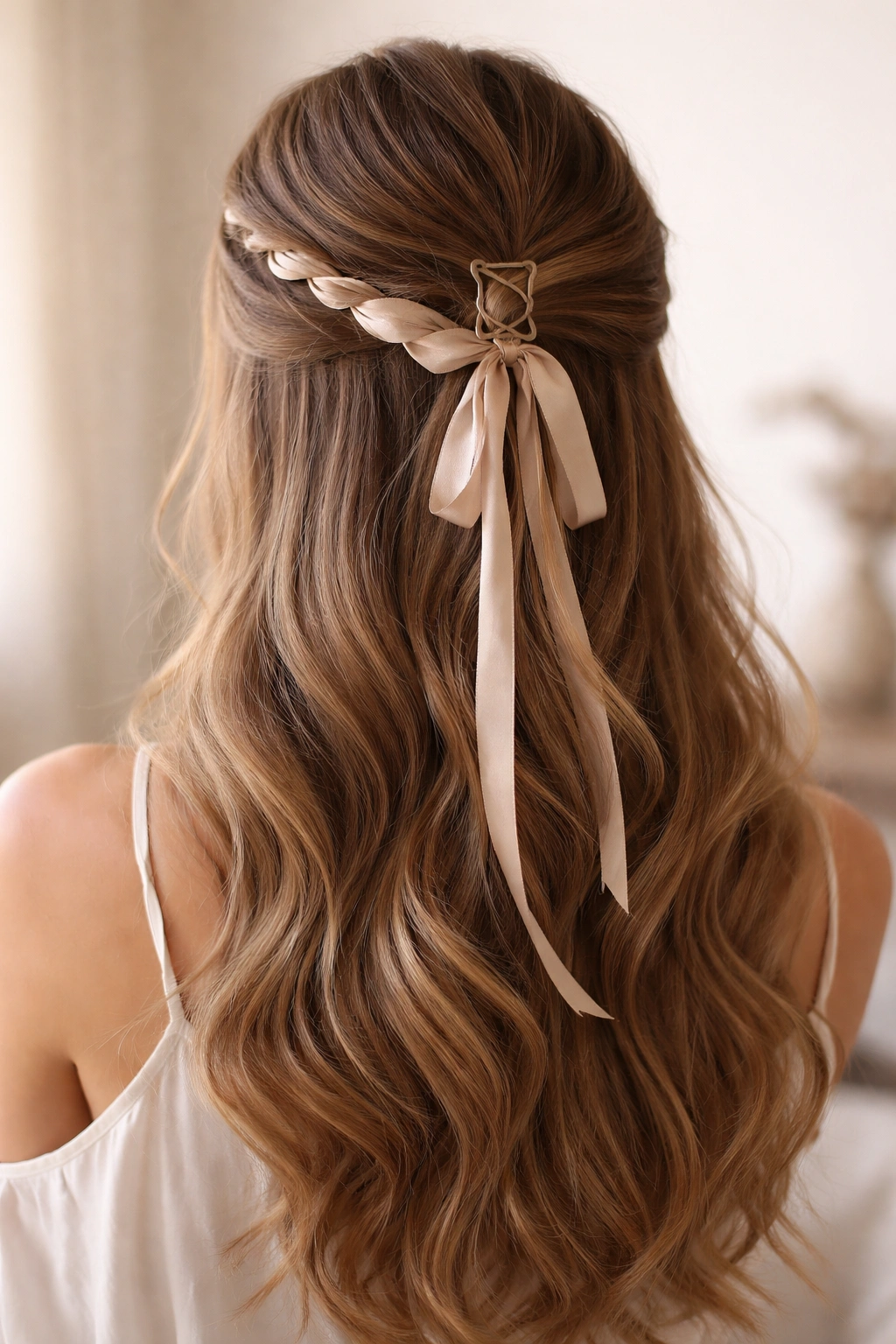 The Twisted Half Up with Ribbon threaded through twist