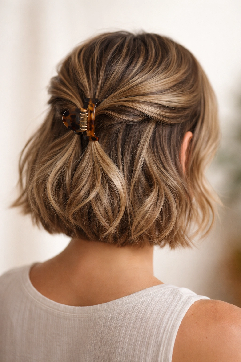Close-up of short hair twisted half-up with a claw clip at the crown